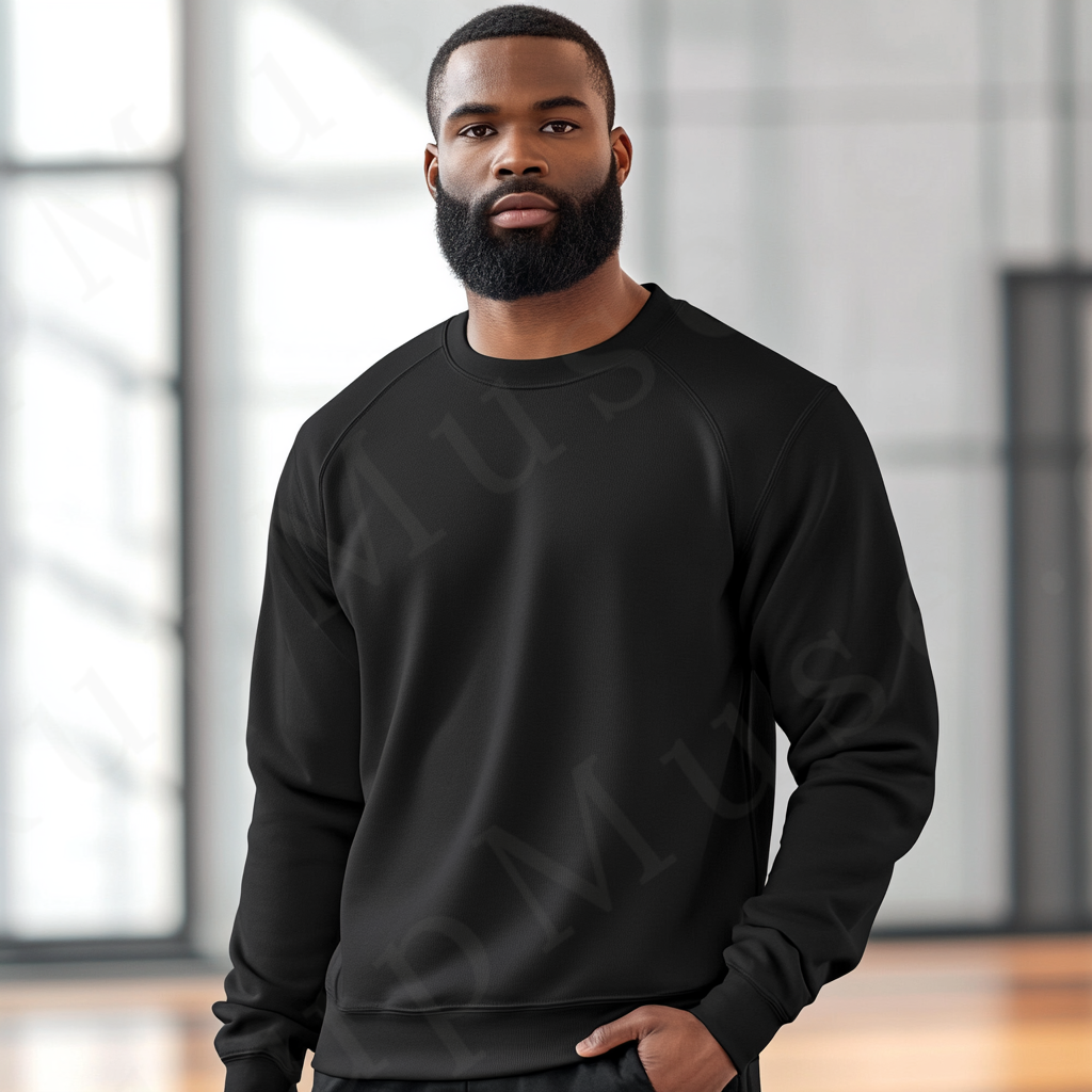 Men’s black crewneck sweatshirt mockup front view - Gildan 18000 style - number 104