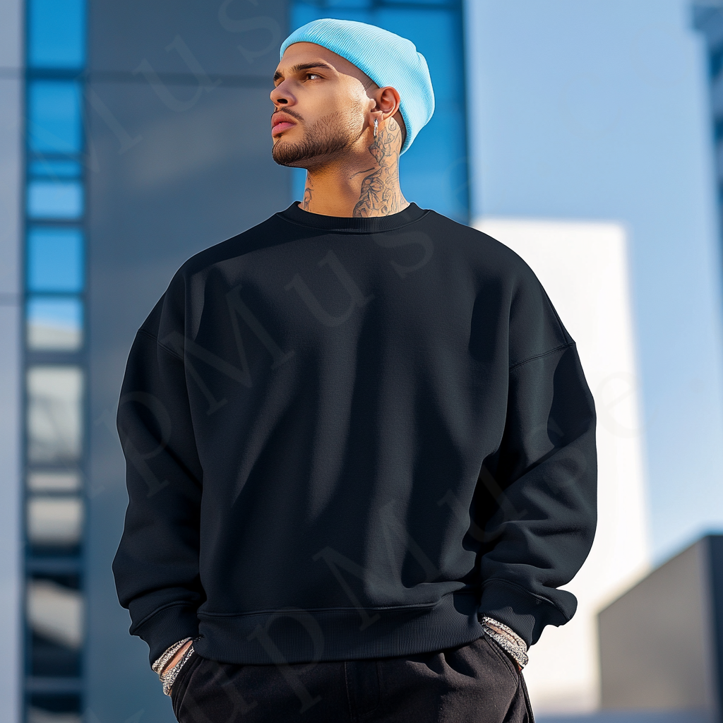Men’s black crewneck sweatshirt mockup front view - Gildan 18000 style - number 106