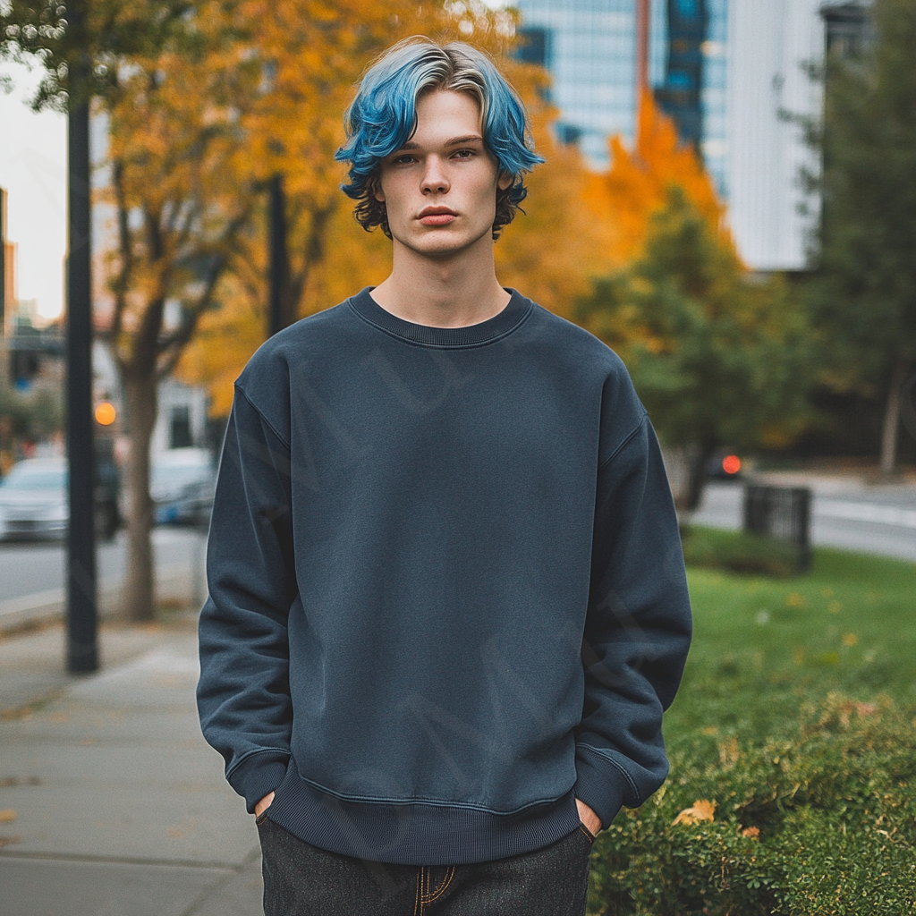 Men’s black crewneck sweatshirt mockup front view - Gildan 18000 style - number 108