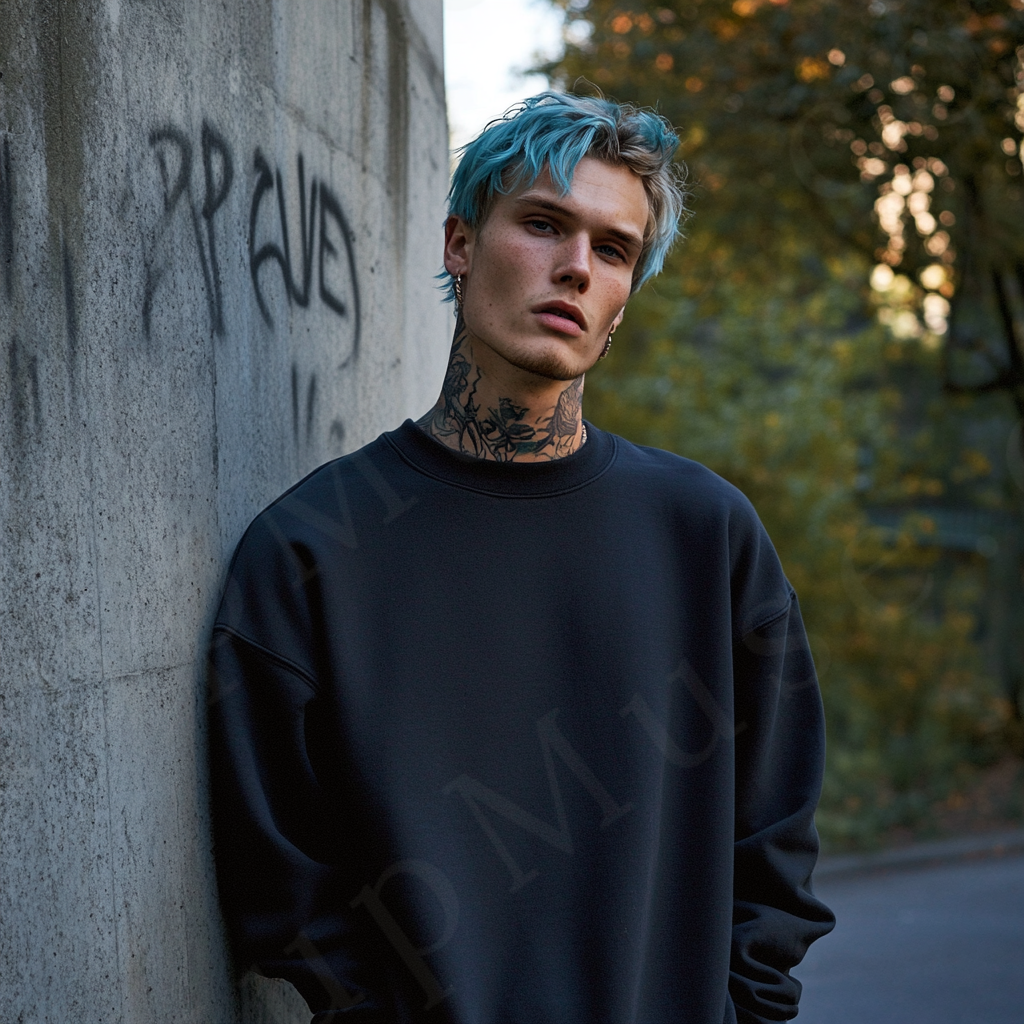 Men’s black crewneck sweatshirt mockup front view - Gildan 18000 style - number 110