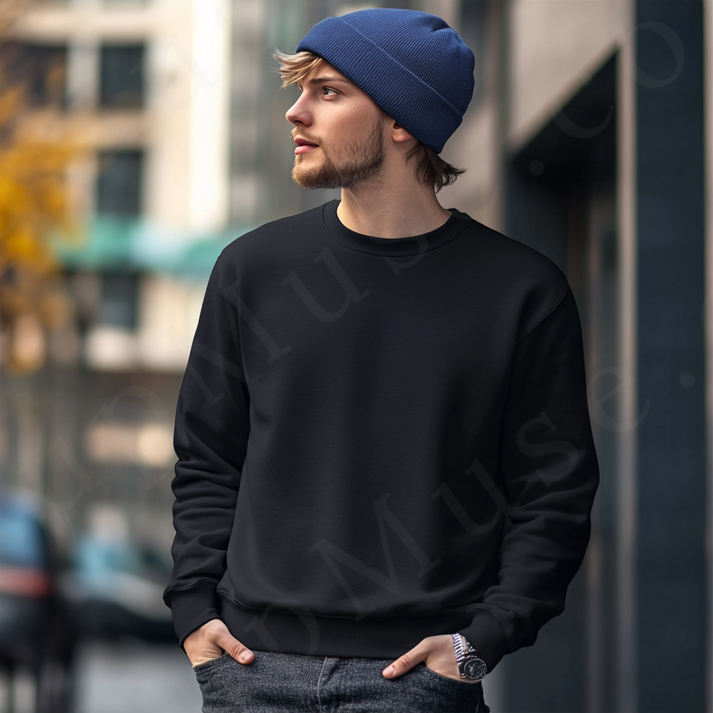 Men’s black crewneck sweatshirt mockup front view - Gildan 18000 style - number 114