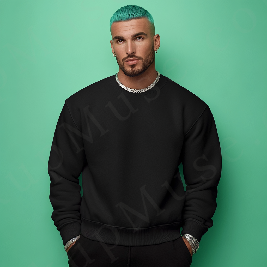 Men’s black crewneck sweatshirt mockup front view - Gildan 18000 style - number 116