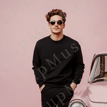 Sweatshirt Mockup – Black Crewneck, Men’s Model, Tattoos, Sunglasses, Editorial Look