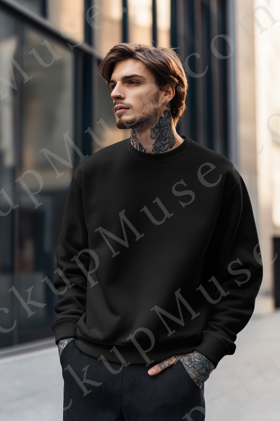 Sweatshirt Mockup – Black Crewneck, Men’s Model, Tattoos
