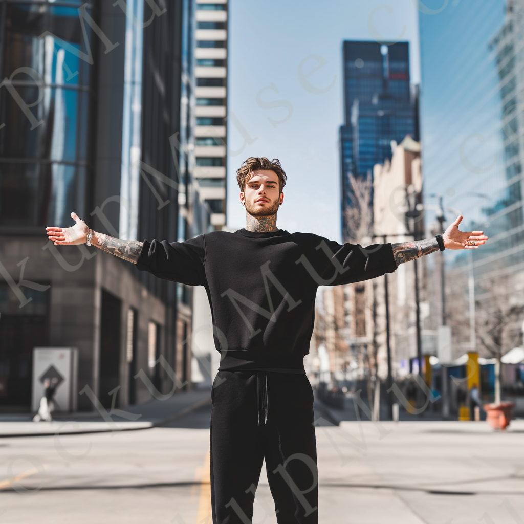 Sweatshirt Mockup – Black Crewneck, Men’s Model, Tattoos, City Street Style