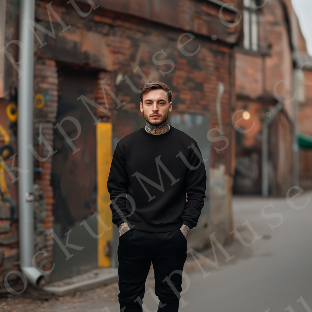 Sweatshirt Mockup – Black Crewneck, Men’s Model