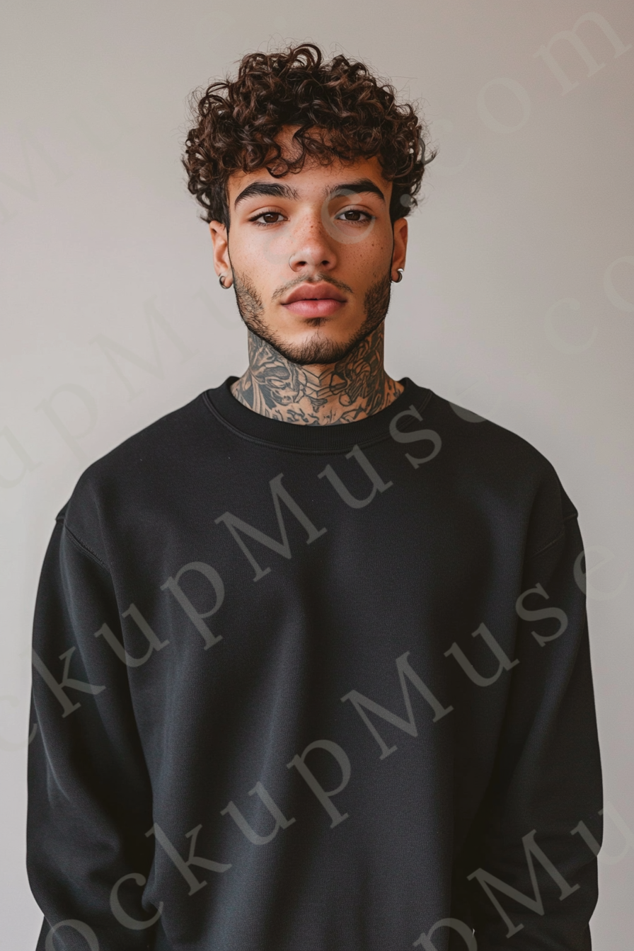 Sweatshirt Mockup – Black Crewneck, Men’s Model, Tattoos