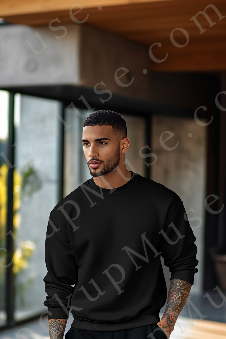 Sweatshirt Mockup – Black Crewneck, Men’s Model, Tattoos
