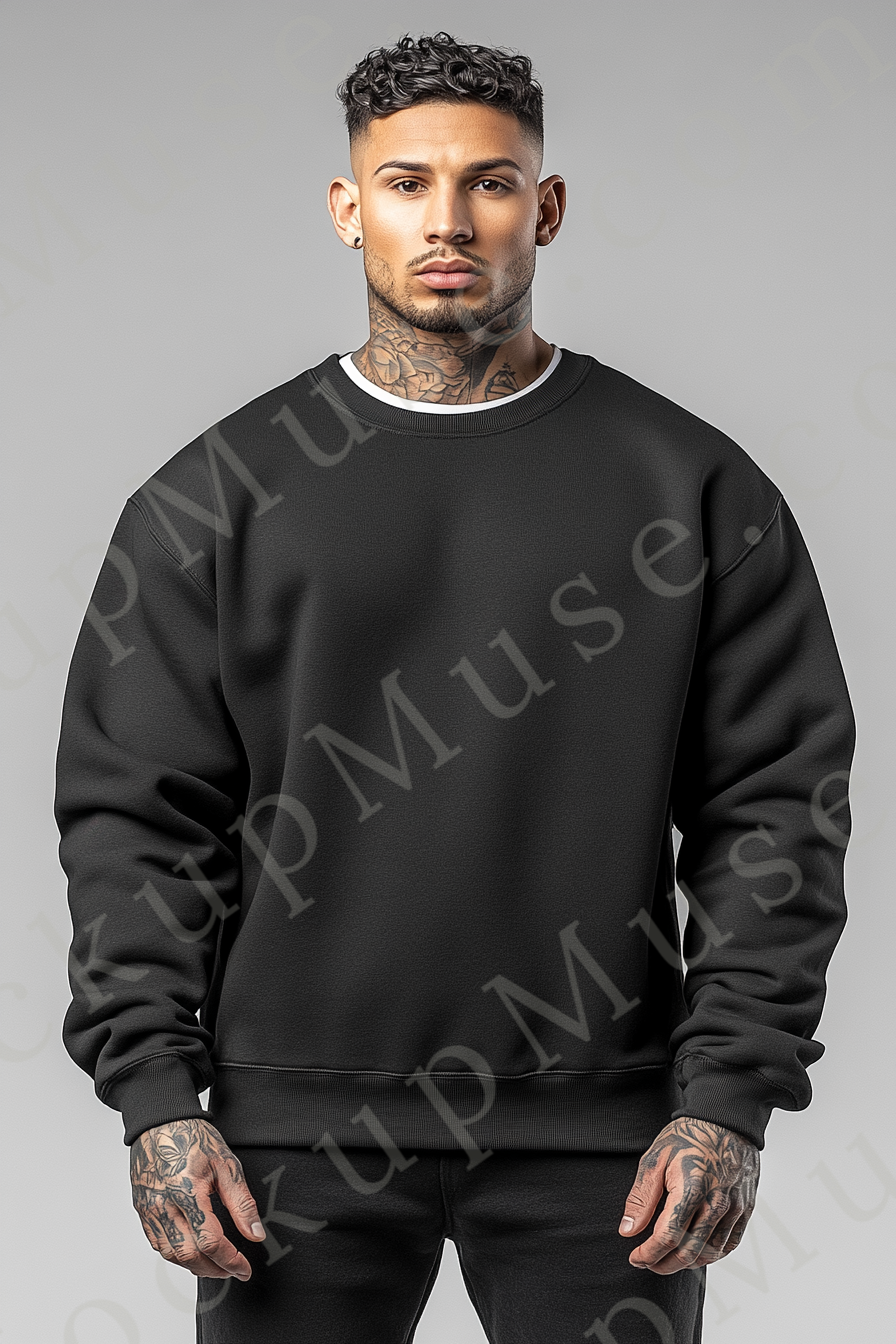 Sweatshirt Mockup – Black Crewneck, Men’s Model