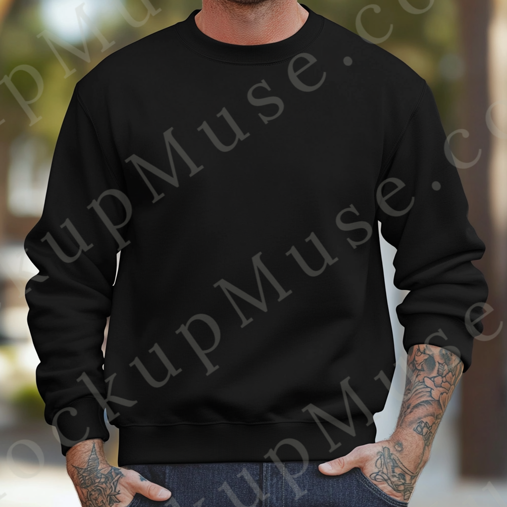 Sweatshirt Mockup – Black Crewneck, Men’s Model, Tattoos