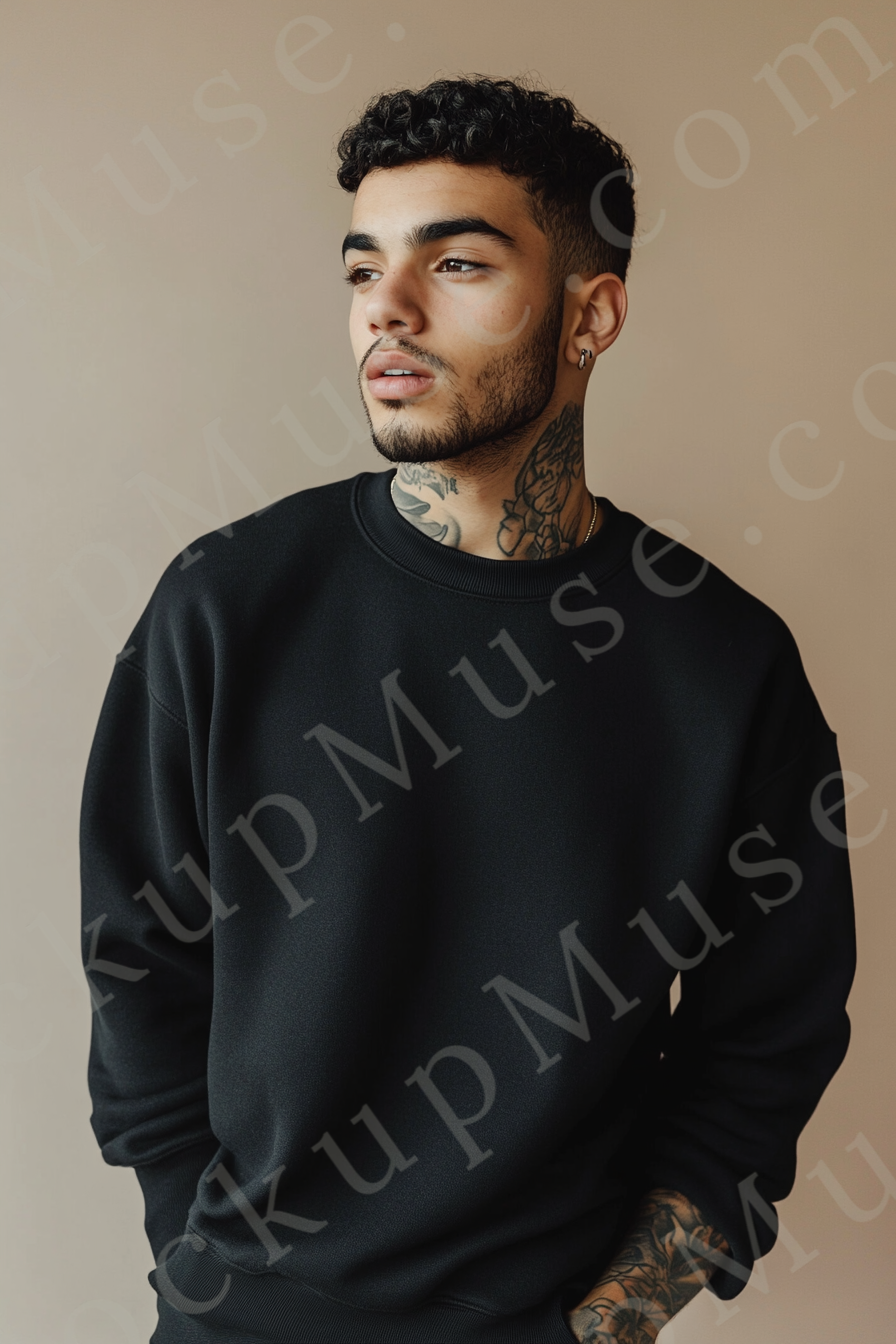 Sweatshirt Mockup – Black Crewneck, Men’s Model