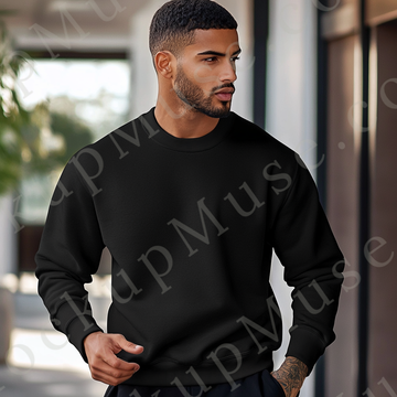 Sweatshirt Mockup – Black Crewneck, Men’s Model, Tattoos