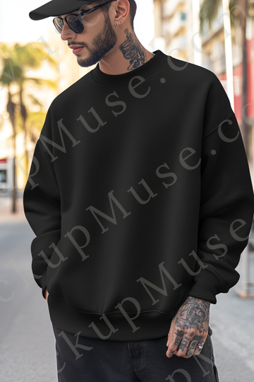 Sweatshirt Mockup – Black Crewneck, Men’s Model, Tattoos