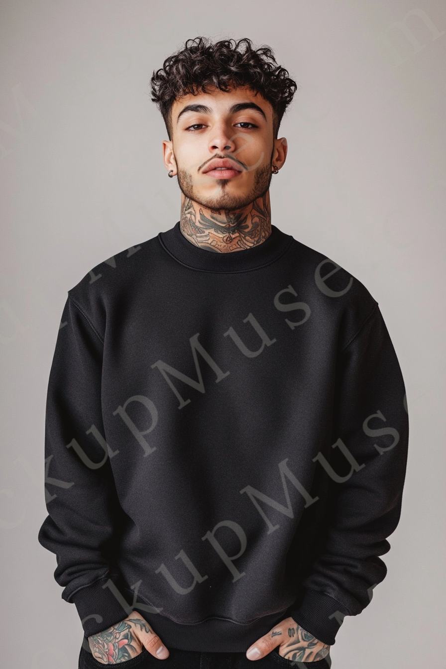 Sweatshirt Mockup – Black Crewneck, Men’s Model, Tattoos