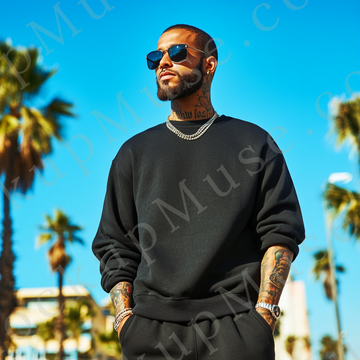 Sweatshirt Mockup – Black Crewneck, Men’s Model, Tattoos