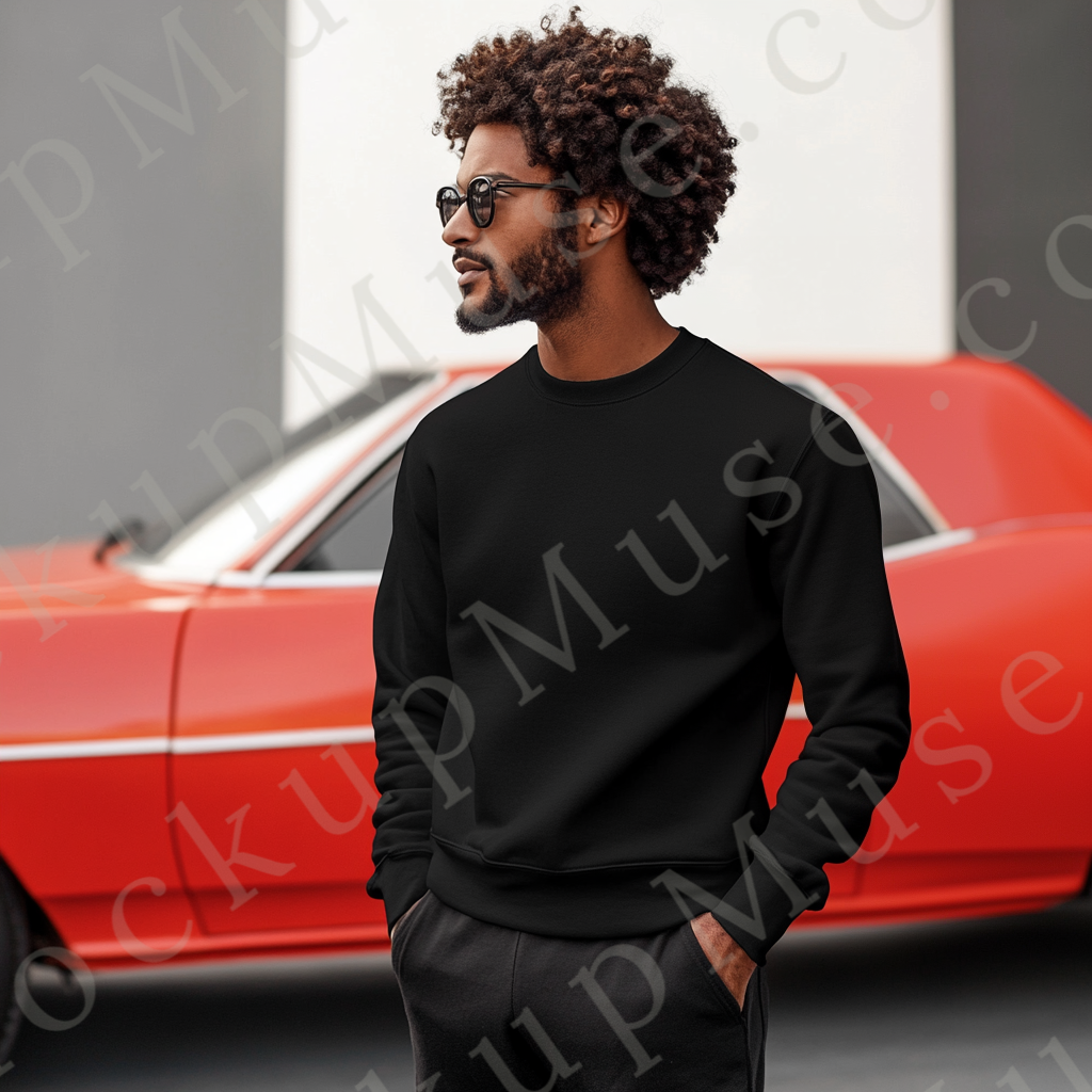 Sweatshirt Mockup – Black Crewneck, Men’s Model, Tattoos, Sunglasses