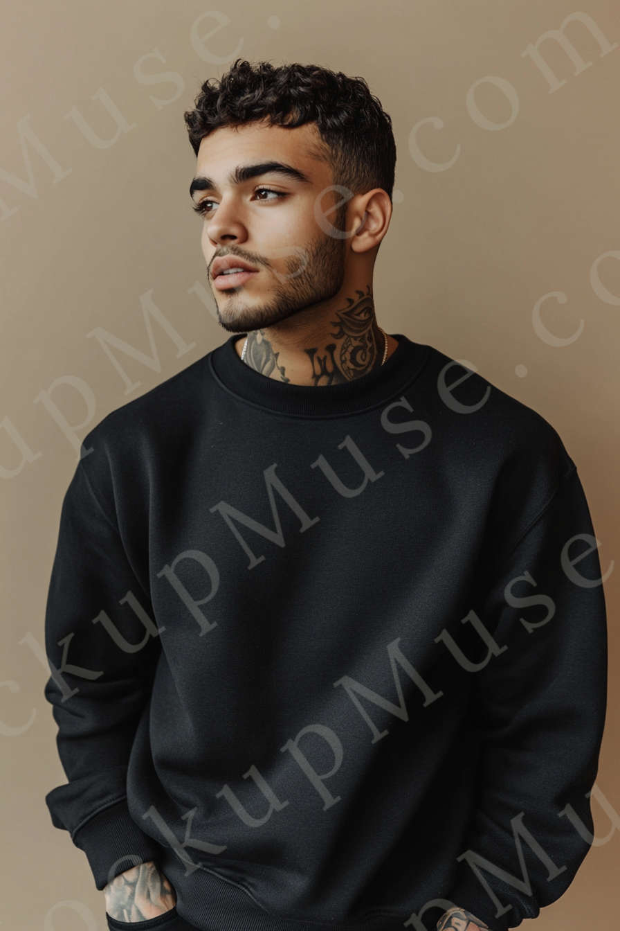 Sweatshirt Mockup – Black Crewneck, Men’s Model, Tattoos