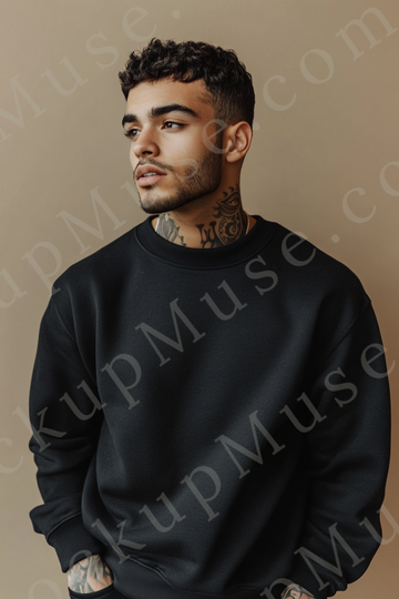 Sweatshirt Mockup – Black Crewneck, Men’s Model, Tattoos