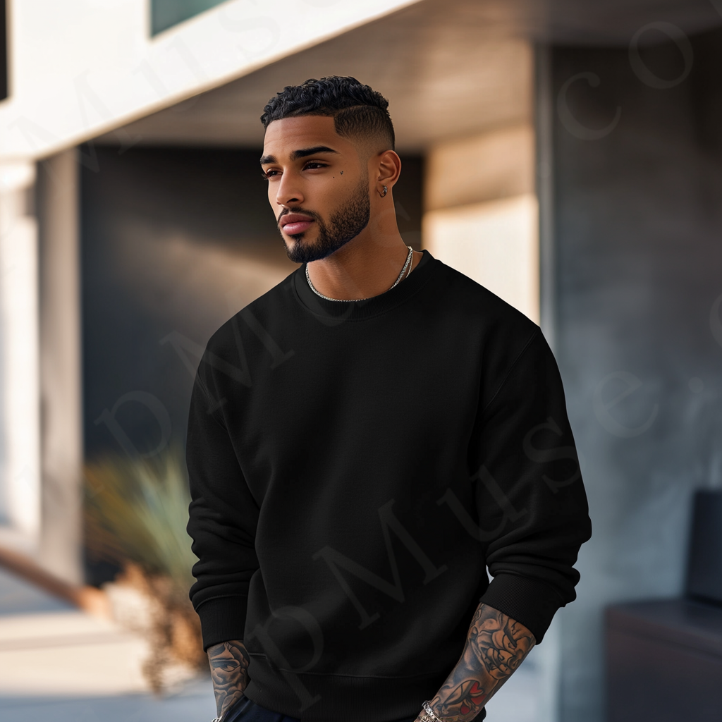 Men’s black crewneck sweatshirt mockup front view - Gildan 18000 style - number 81