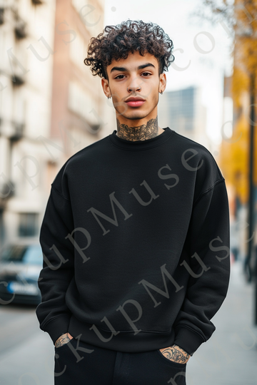 Sweatshirt Mockup – Black Crewneck, Men’s Model, Tattoos, City Street Style