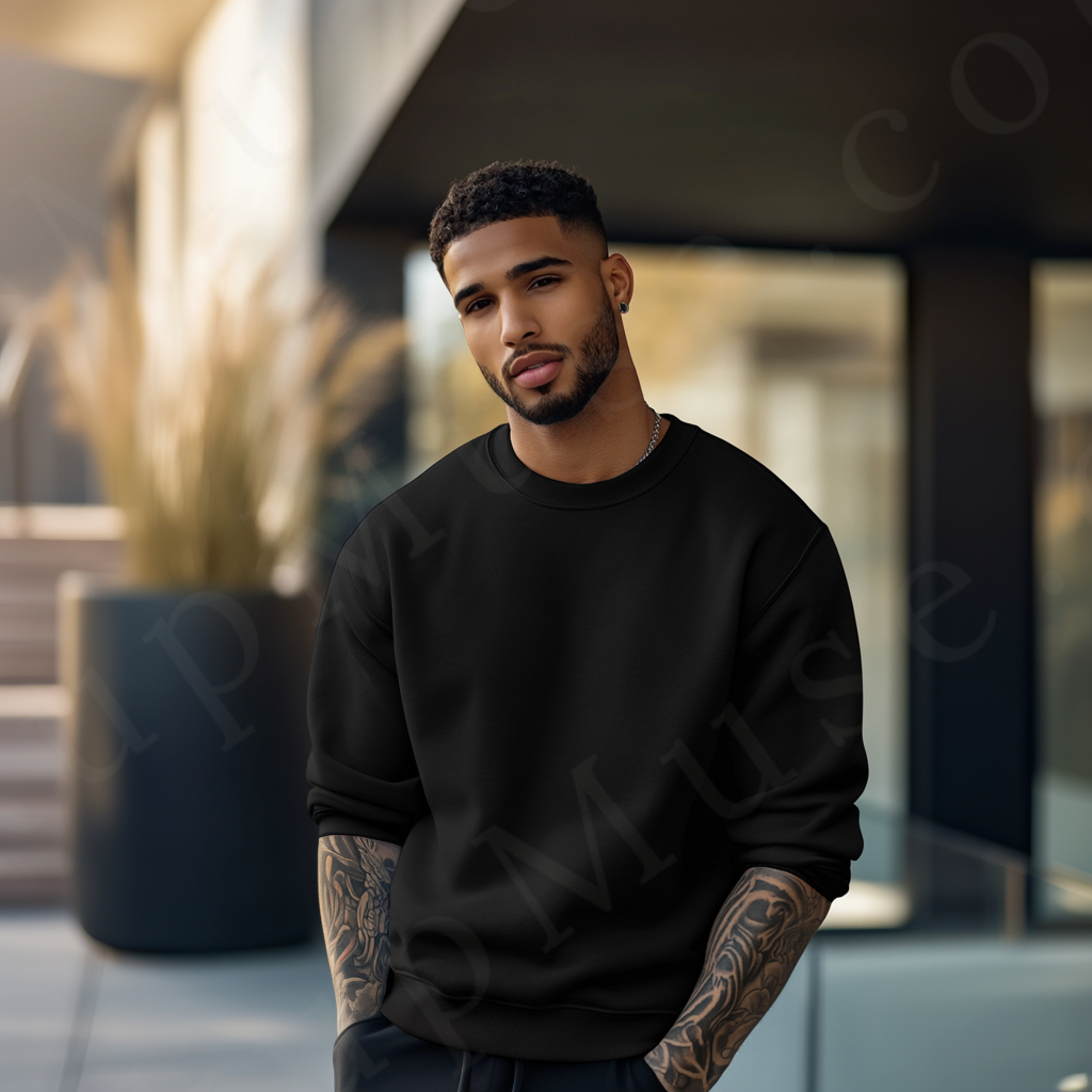 Men’s black crewneck sweatshirt mockup front view - Gildan 18000 style - number 82