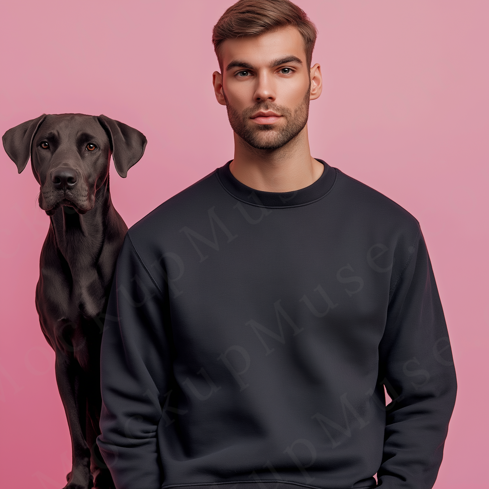 Men’s black crewneck sweatshirt mockup front view - Gildan 18000 style - number 84