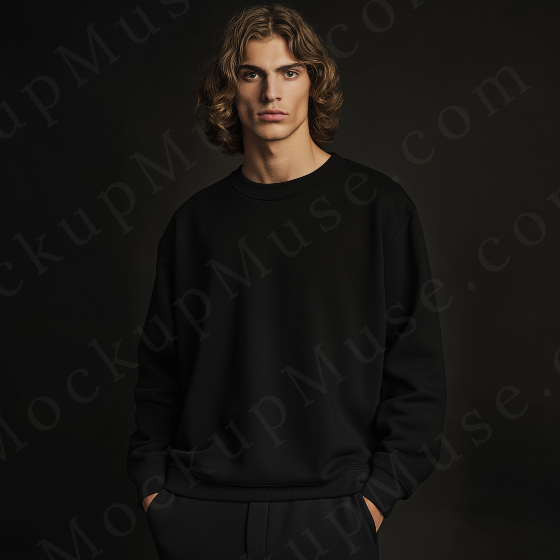 Men’s black crewneck sweatshirt mockup front view - Gildan 18000 style - number 85