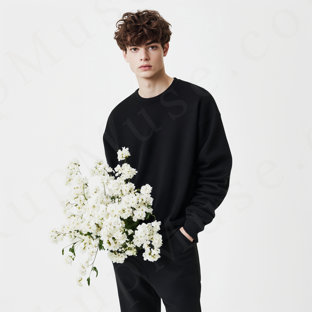 Men’s black crewneck sweatshirt mockup front view - Gildan 18000 style - number 86