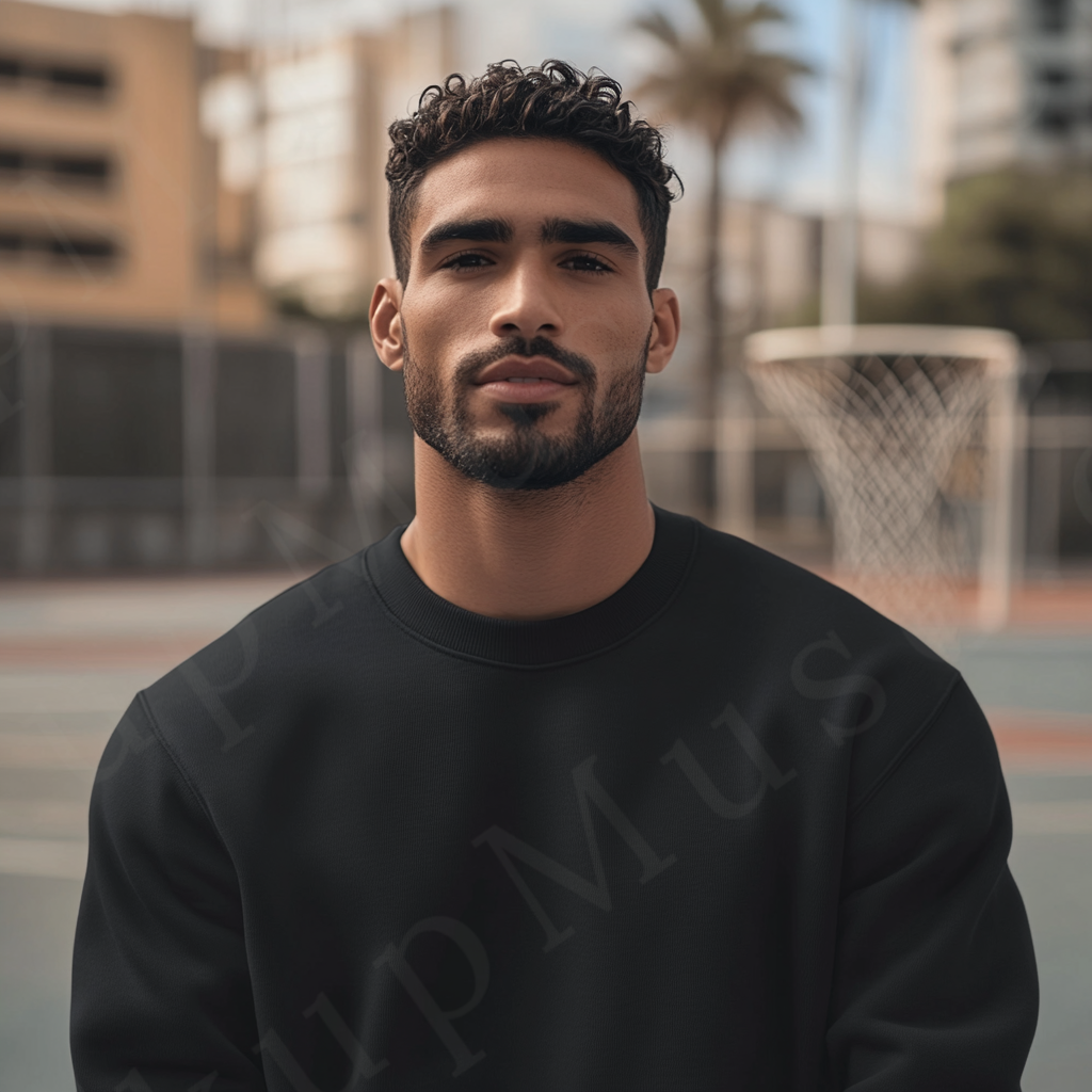 Men’s black crewneck sweatshirt mockup front view - Gildan 18000 style - number 89
