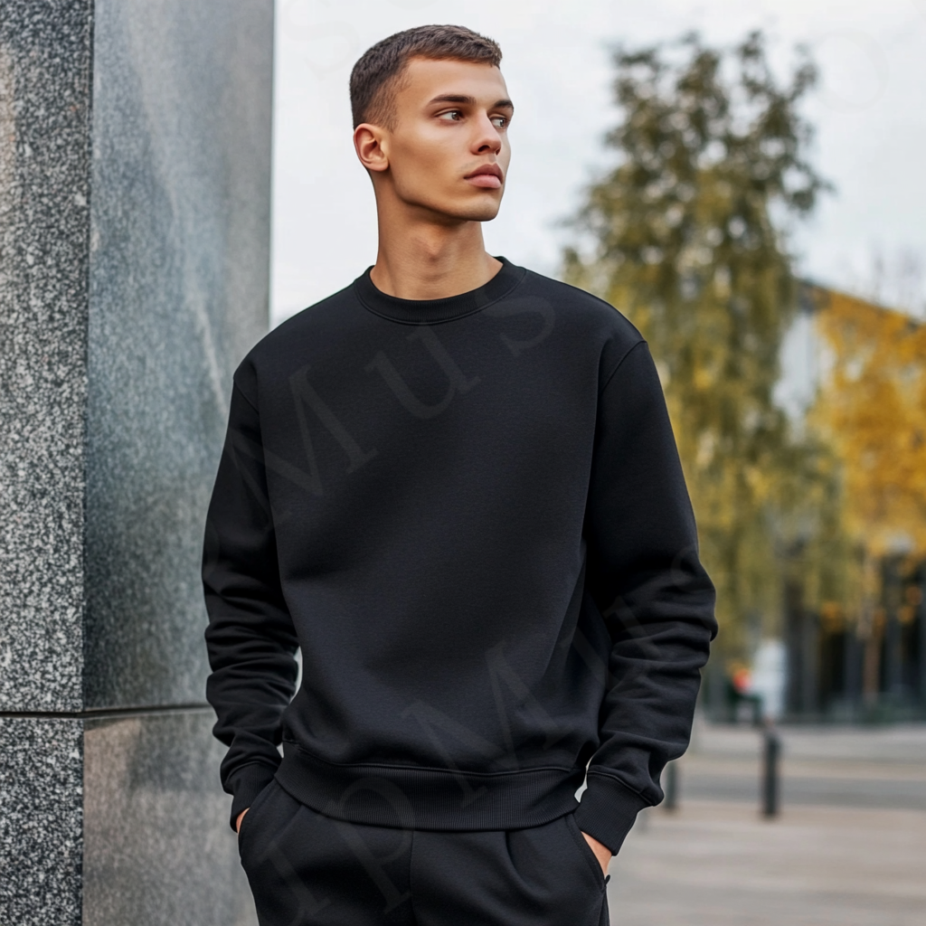 Men’s black crewneck sweatshirt mockup front view - Gildan 18000 style - number 92