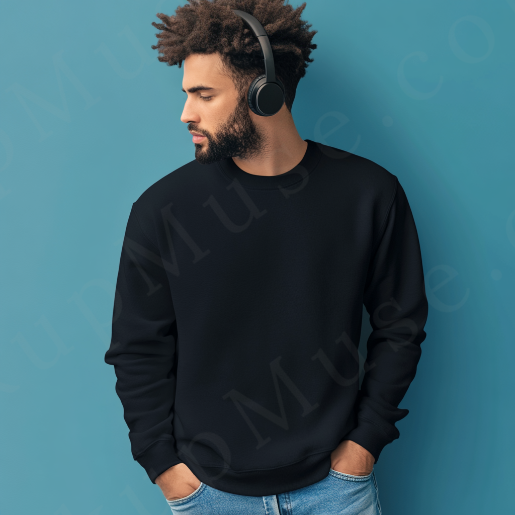 Men’s black crewneck sweatshirt mockup front view - Gildan 18000 style - number 95