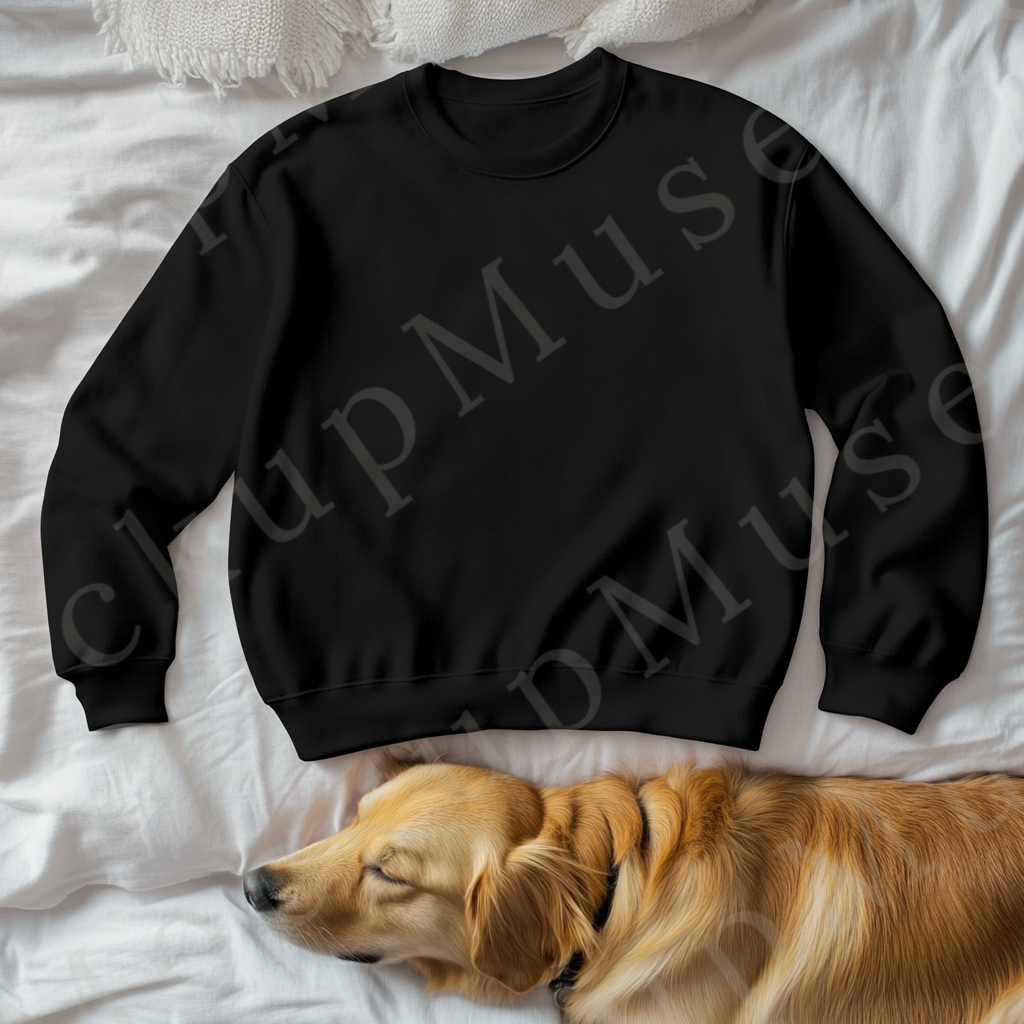 Sweatshirt Mockup – Gildan 18000 Black Unisex, Dog Lifestyle Scene – Golden Retriever on Bed with Sweatshirt digital mockup, no model, high resolution