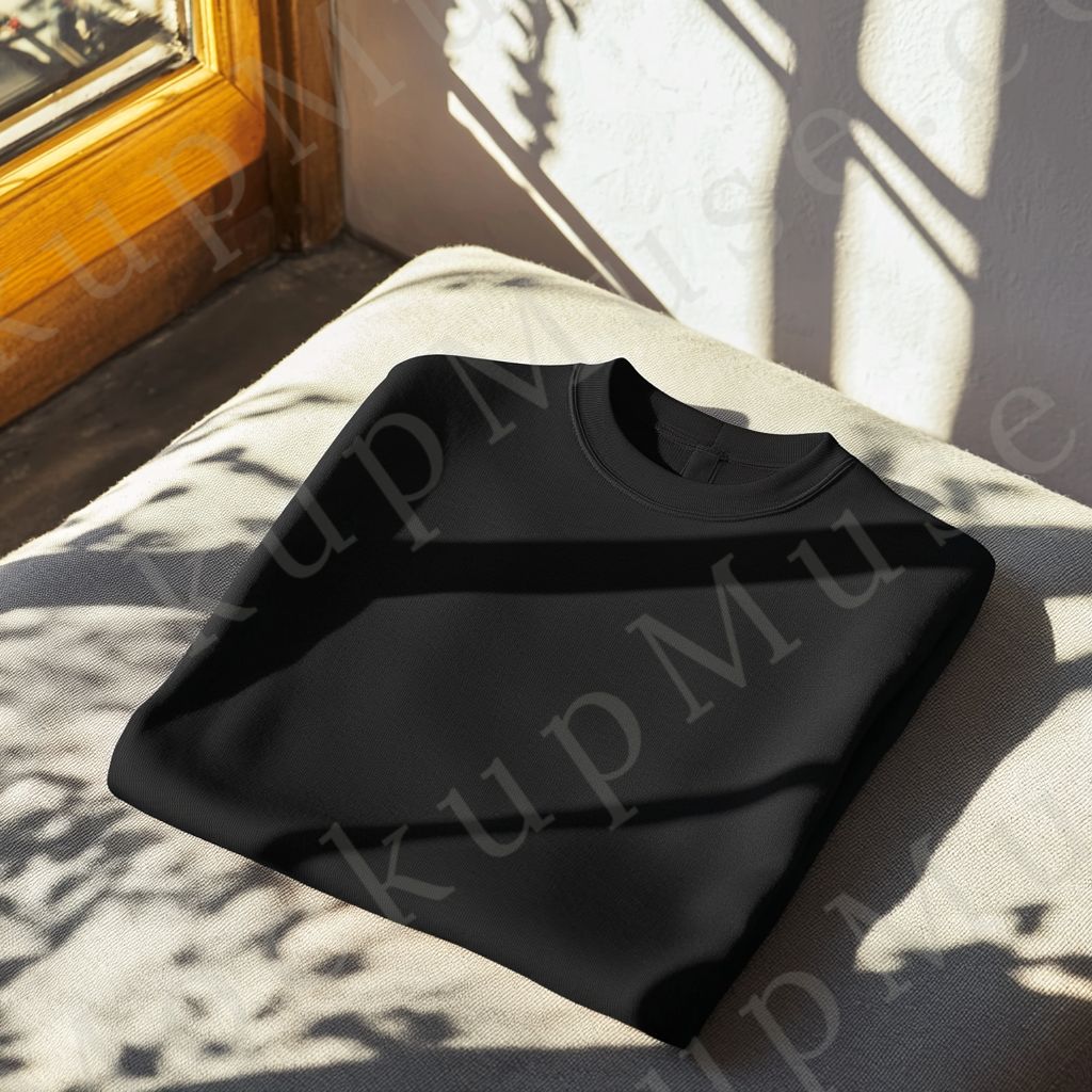 Sweatshirt Mockup – Gildan 18000 Black Unisex, Lay Flat Folded in Sun and Shade Scene digital mockup, no model, high resolution