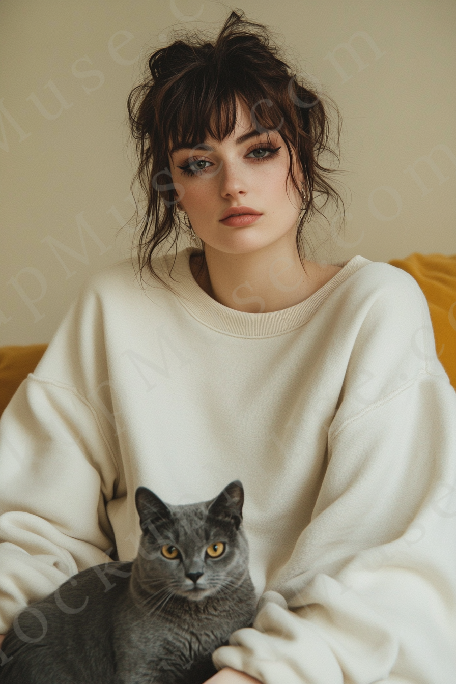women’s cream crewneck sweatshirt mockup, beige lifestyle scene, cat, oversized, gildan 18000, front view, digital download f