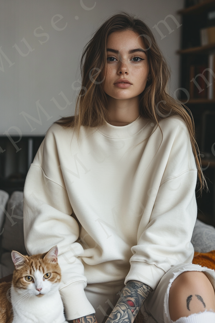 women’s cream crewneck sweatshirt mockup, bookshelf lifestyle scene, cat, tattoo, oversized, gildan 18000, front view, digita