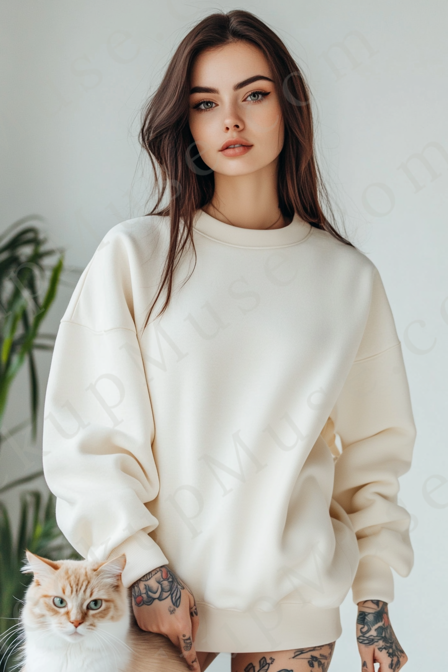 women’s cream crewneck sweatshirt mockup, white wall lifestyle scene, cat, tattoo, oversized, gildan 18000, front view, digit
