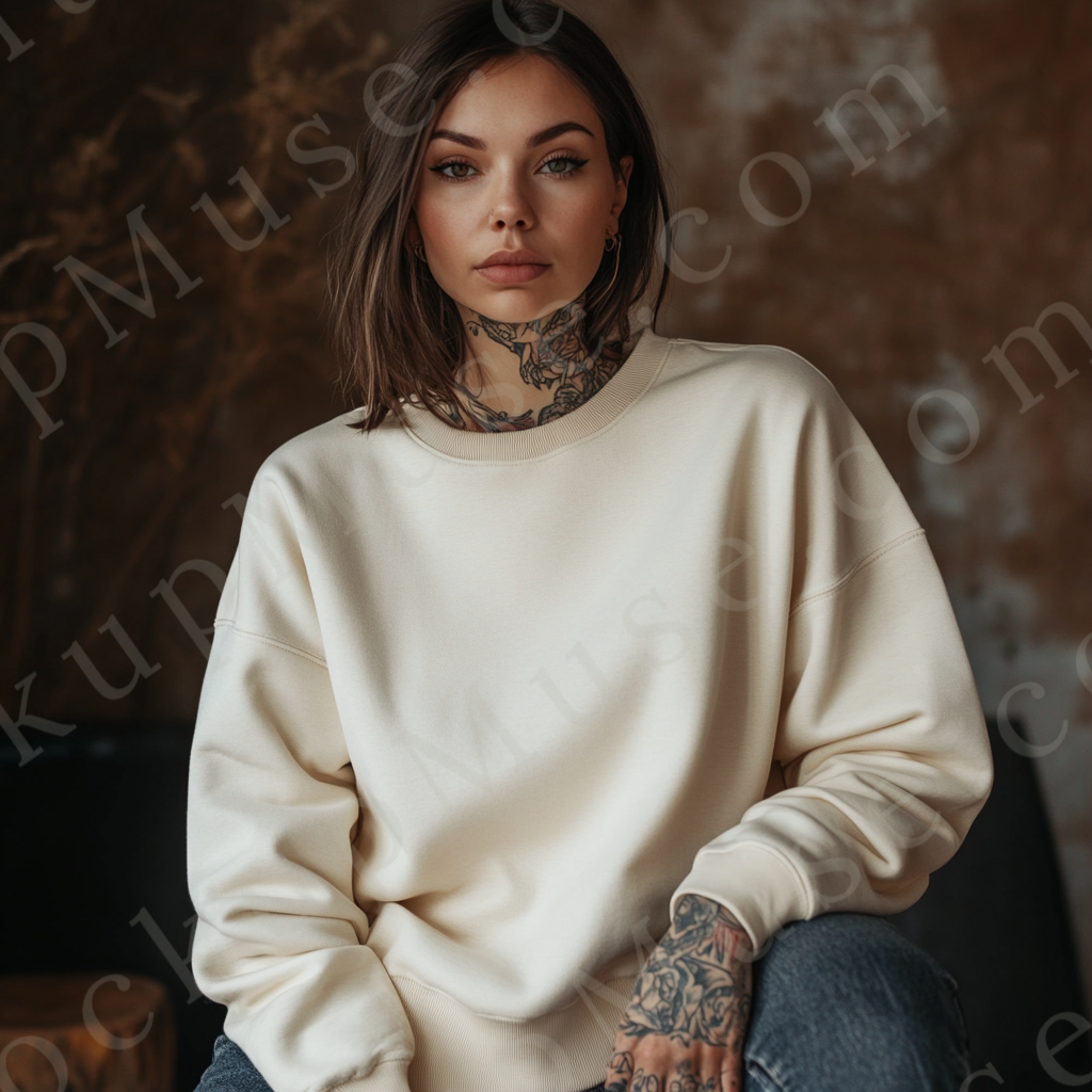 women’s cream crewneck sweatshirt mockup, brown wall studio scene, tattoo, oversized, gildan 18000, front view, digital downl