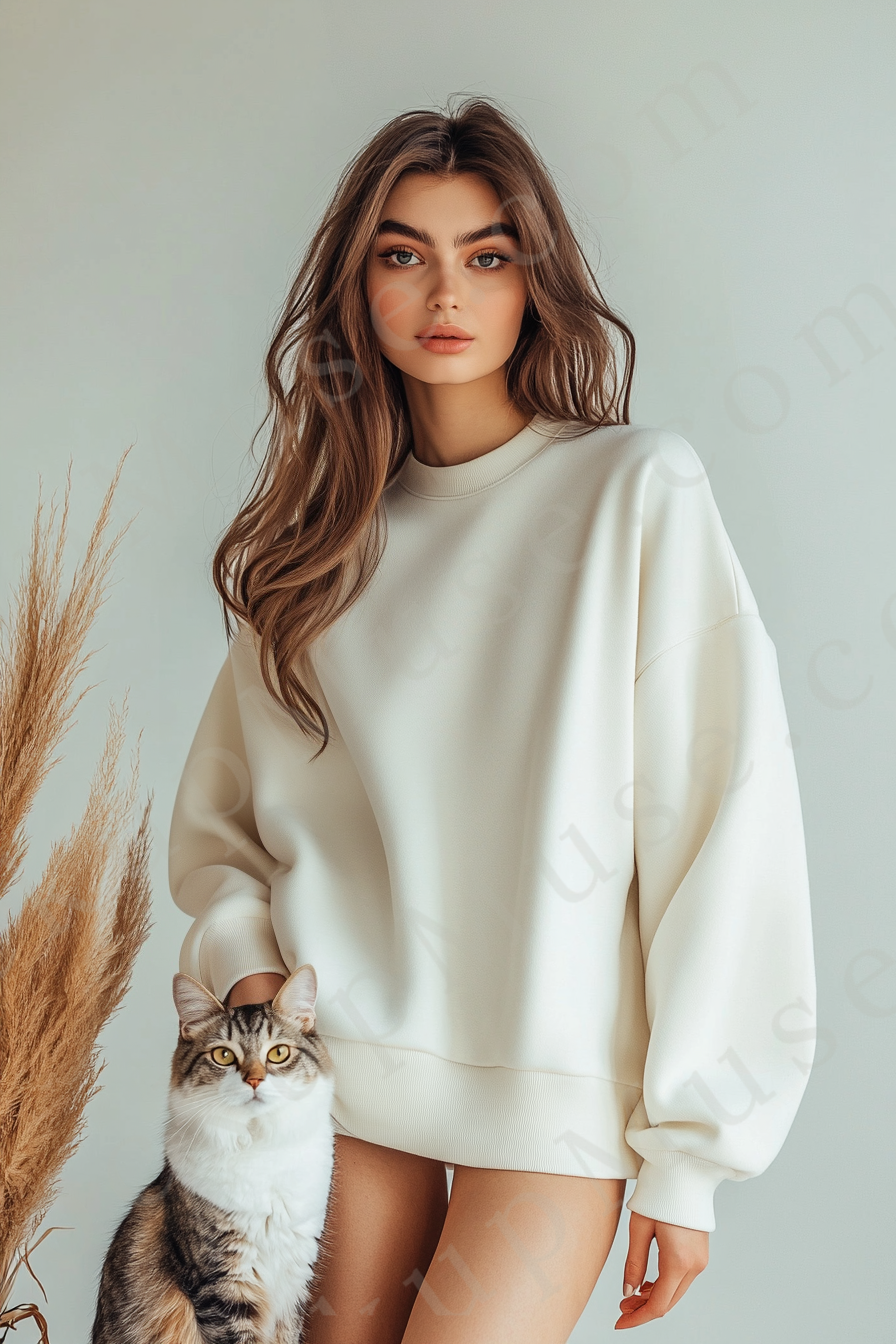 women’s cream crewneck sweatshirt mockup, pampas lifestyle scene, cat, oversized, gildan 18000, front view, digital download