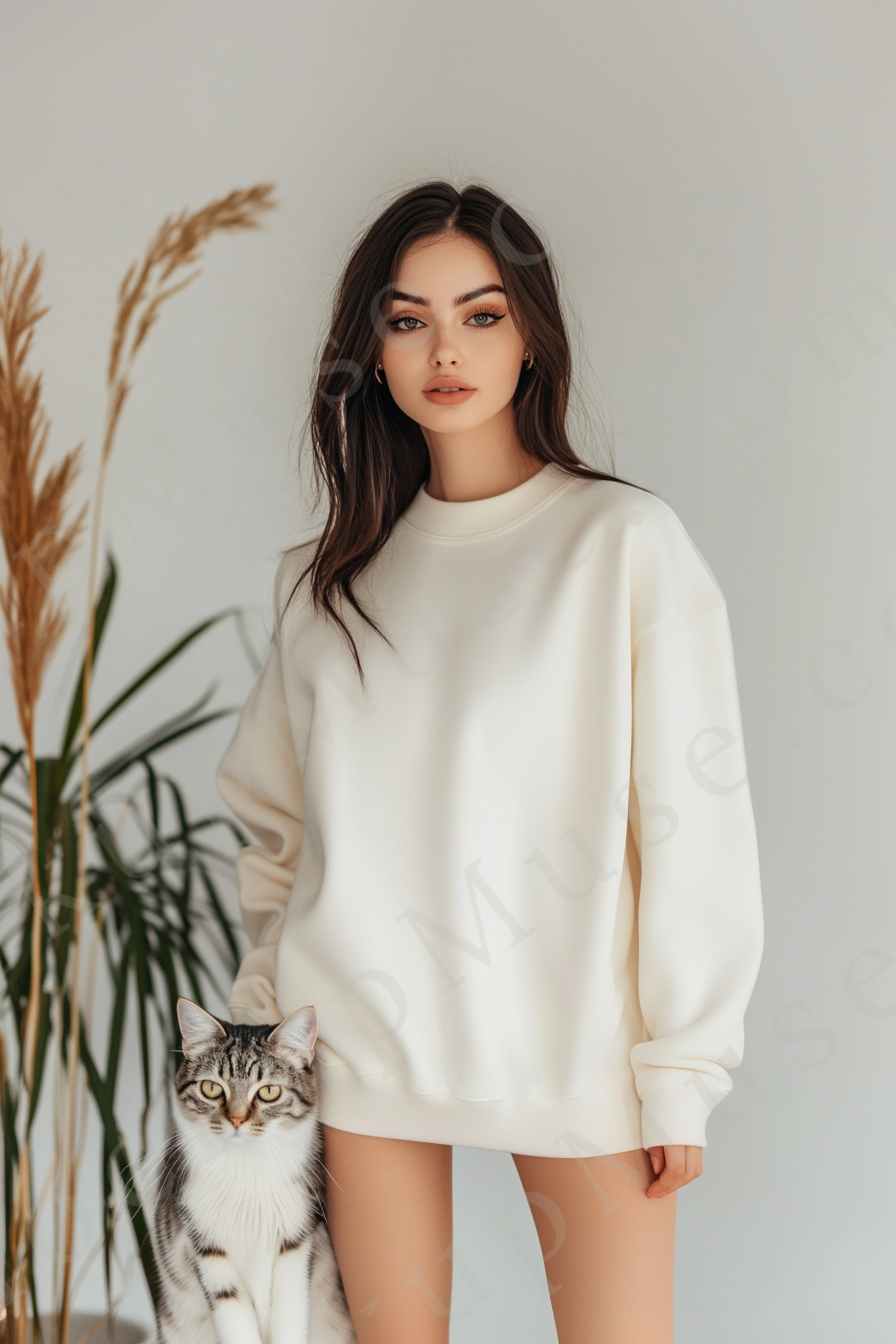 women’s cream crewneck sweatshirt mockup, white wall lifestyle scene, cat, oversized, gildan 18000, front view, digital downl
