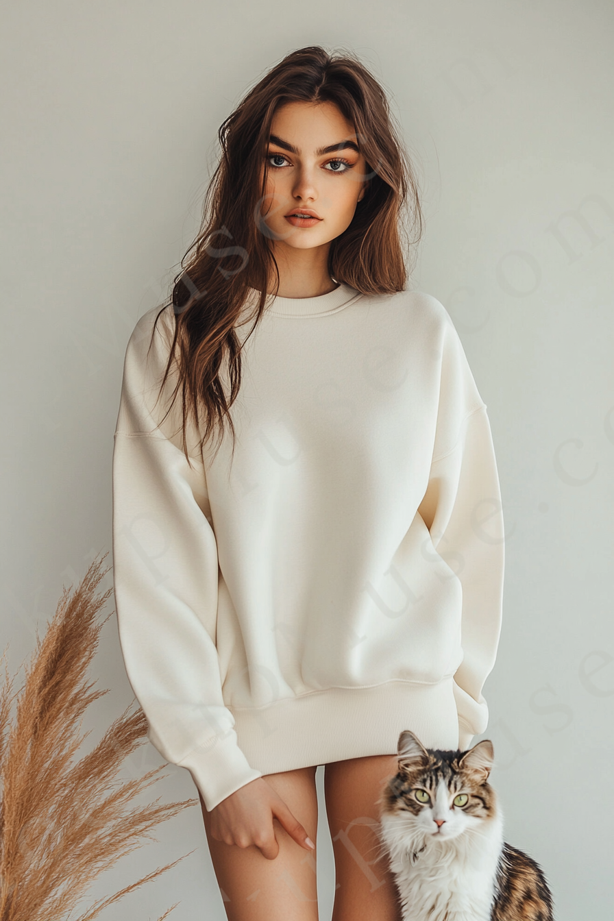 women’s cream crewneck sweatshirt mockup, pampas lifestyle scene, cat, oversized, gildan 18000, front view, digital download