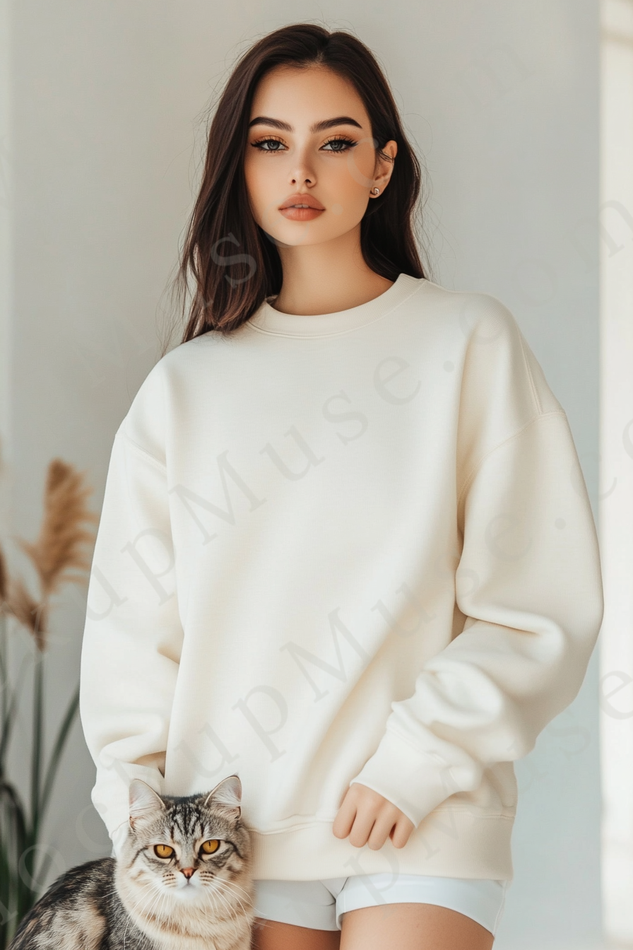 women’s cream crewneck sweatshirt mockup, white wall lifestyle scene, cat, oversized, gildan 18000, front view, digital downl