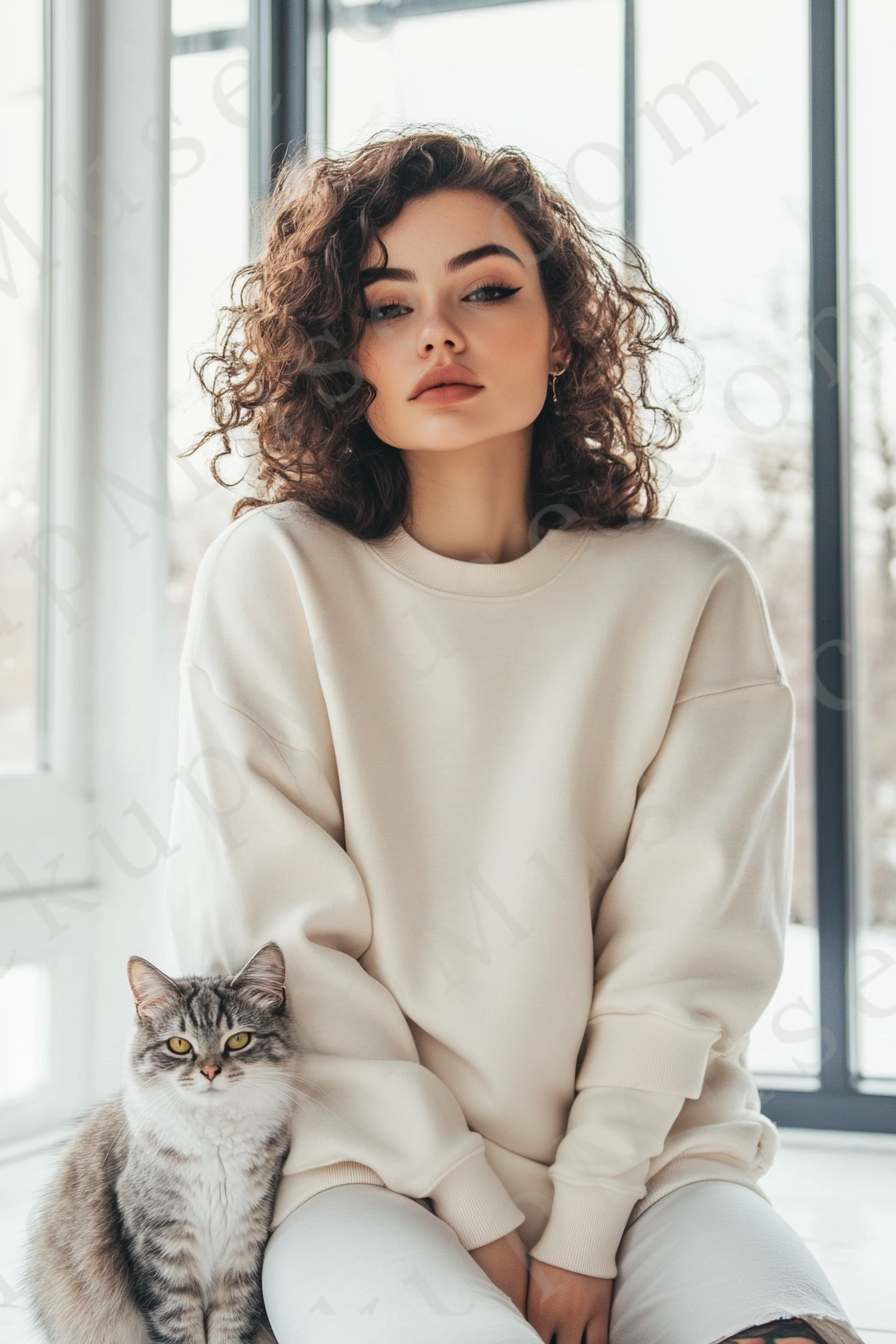 women’s cream crewneck sweatshirt mockup, neutral lifestyle scene, cat, oversized, gildan 18000, front view, digital download