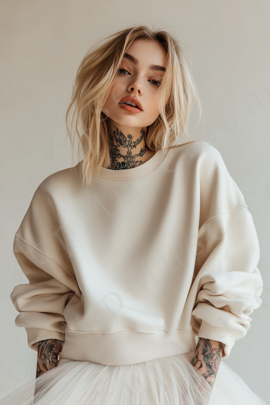 women’s cream crewneck sweatshirt mockup, studio scene, tattoo, oversized, gildan 18000, front view, digital download for Ets