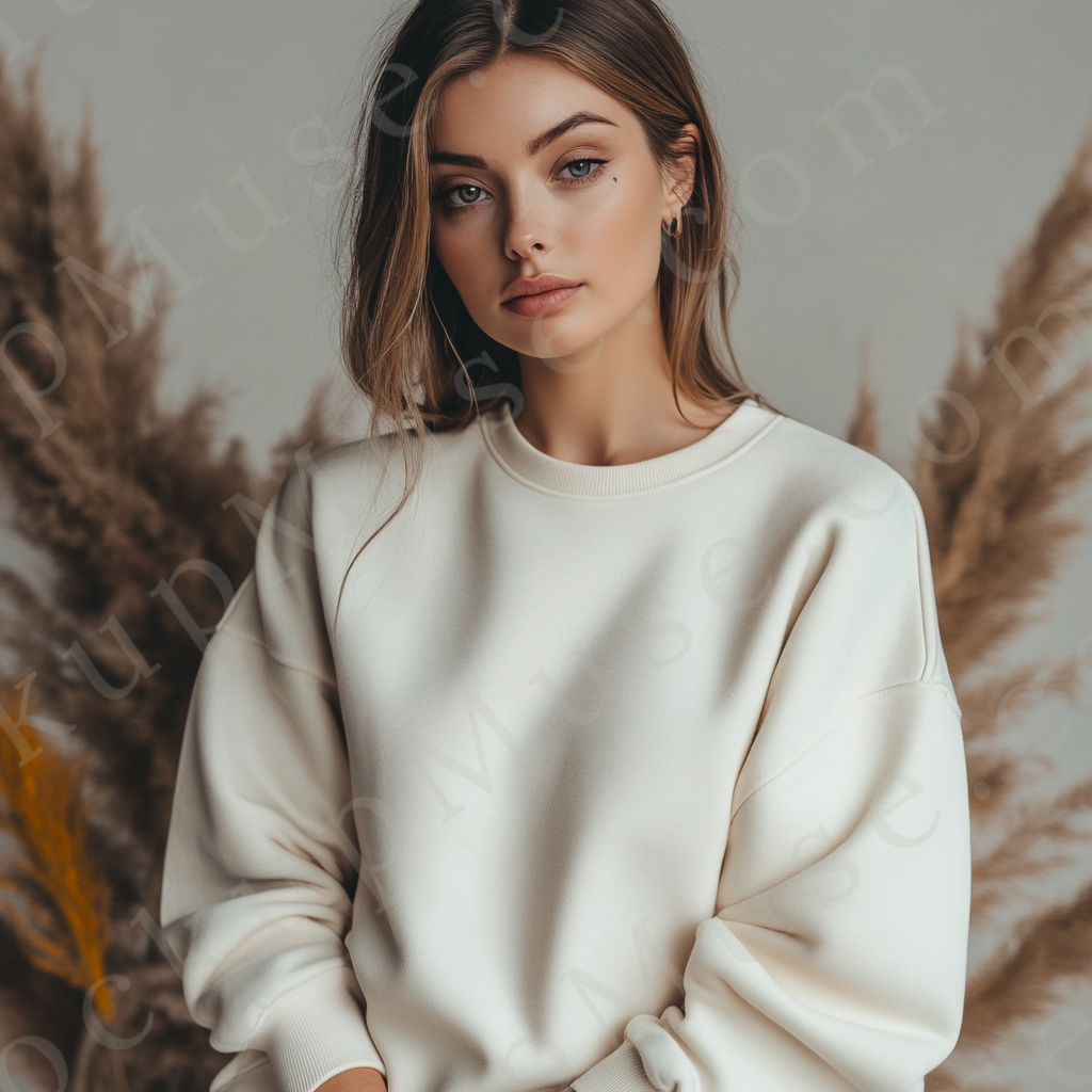 women’s cream crewneck sweatshirt mockup, pampas lifestyle scene, oversized, gildan 18000, front view, digital download for E