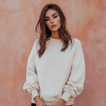 women’s cream crewneck sweatshirt mockup, pink wall studio scene, oversized, gildan 18000, front view, digital download for E