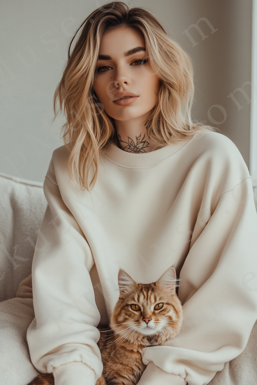 women’s cream crewneck sweatshirt mockup, living room lifestyle scene, cat, oversized, gildan 18000, front view, digital down