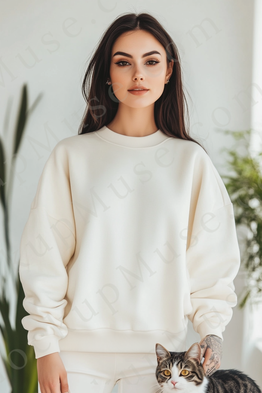 women’s cream crewneck sweatshirt mockup, white wall lifestyle scene, cat, tattoo, oversized, gildan 18000, front view, digit