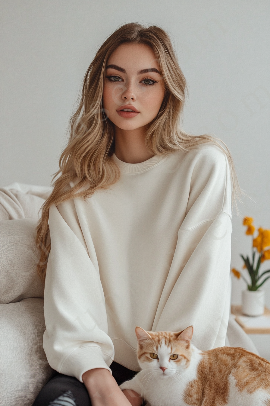 women’s cream crewneck sweatshirt mockup, bedroom lifestyle scene, cat, oversized, gildan 18000, front view, digital download