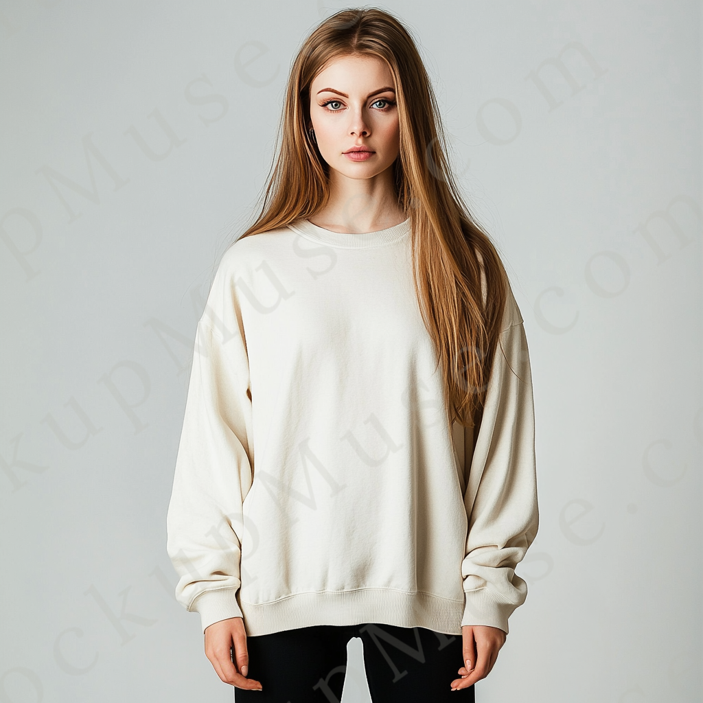 women’s cream crewneck sweatshirt mockup, white studio scene, oversized, gildan 18000, front view, digital download for Etsy