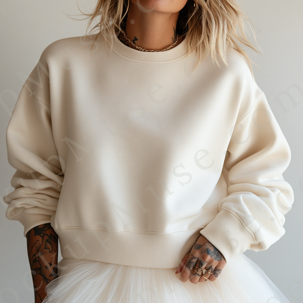 women’s cream crewneck sweatshirt mockup, neutral studio scene, tattoo, gildan 18000, front view, digital download for Etsy a